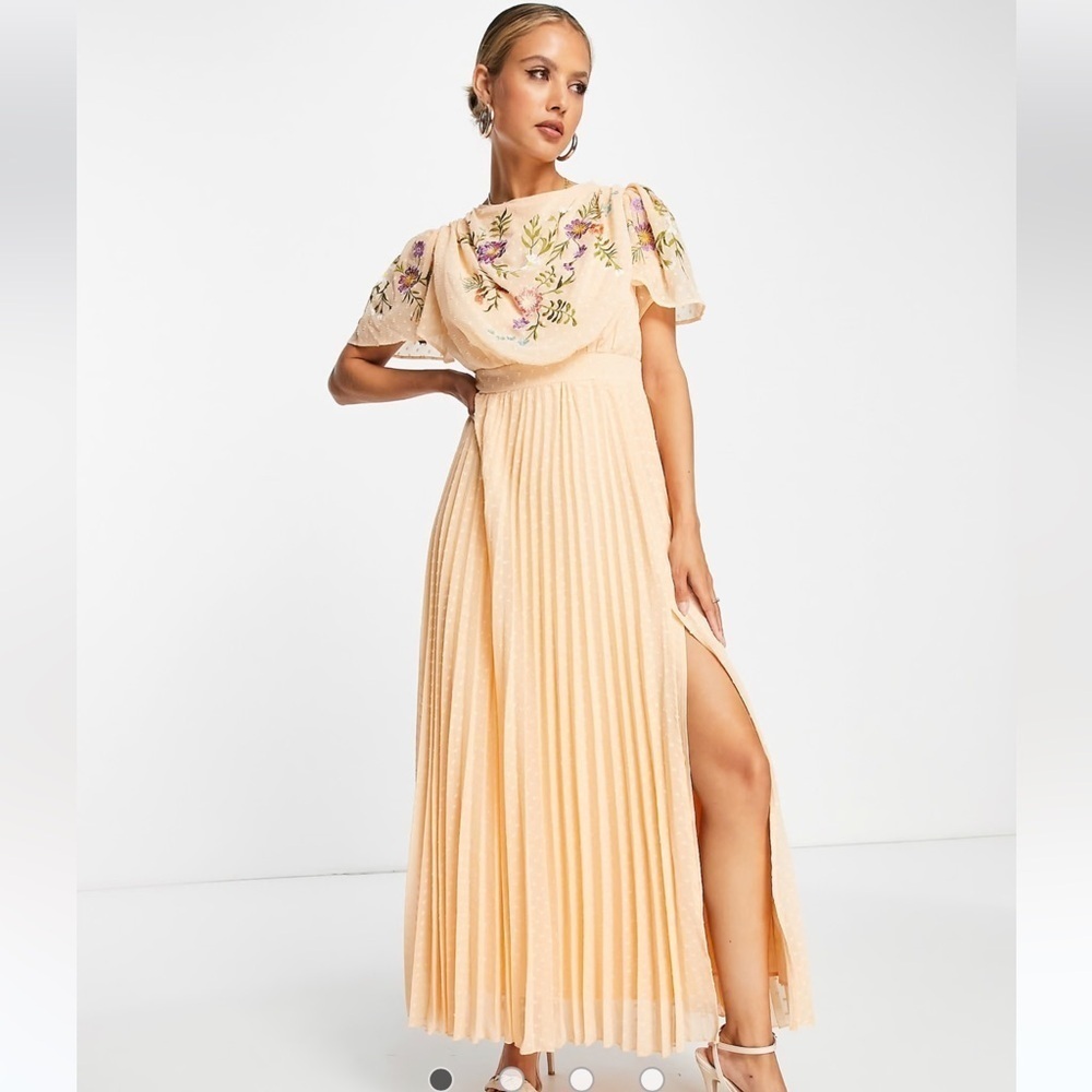 ASOS Women’s Floral Embroidered Cowl Neck Swiss Dot Pleated Maxi Dress Slit 8T